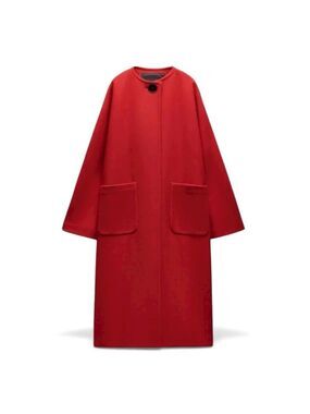 ZARA Red Mantego Wool Blend Midi Statement Coat A-Line Sz XLarge